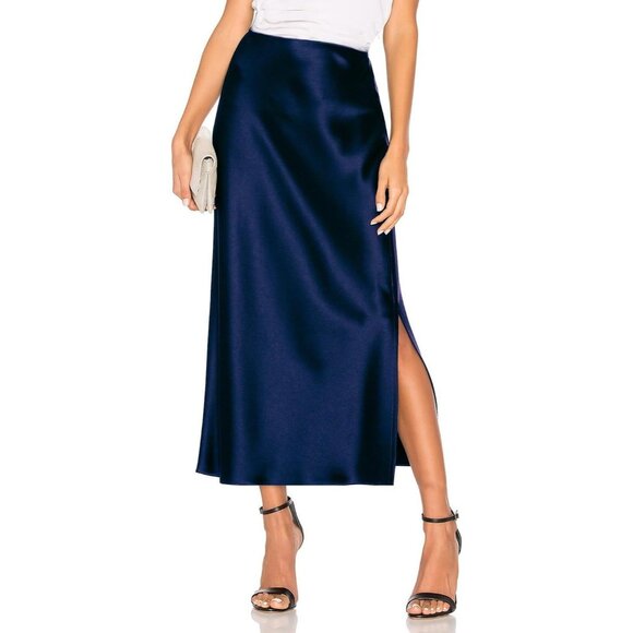 Womens Navy Blue Satin Elastic Silk Slip A Line Flowy Ruffle Cocktail Maxi Skirt